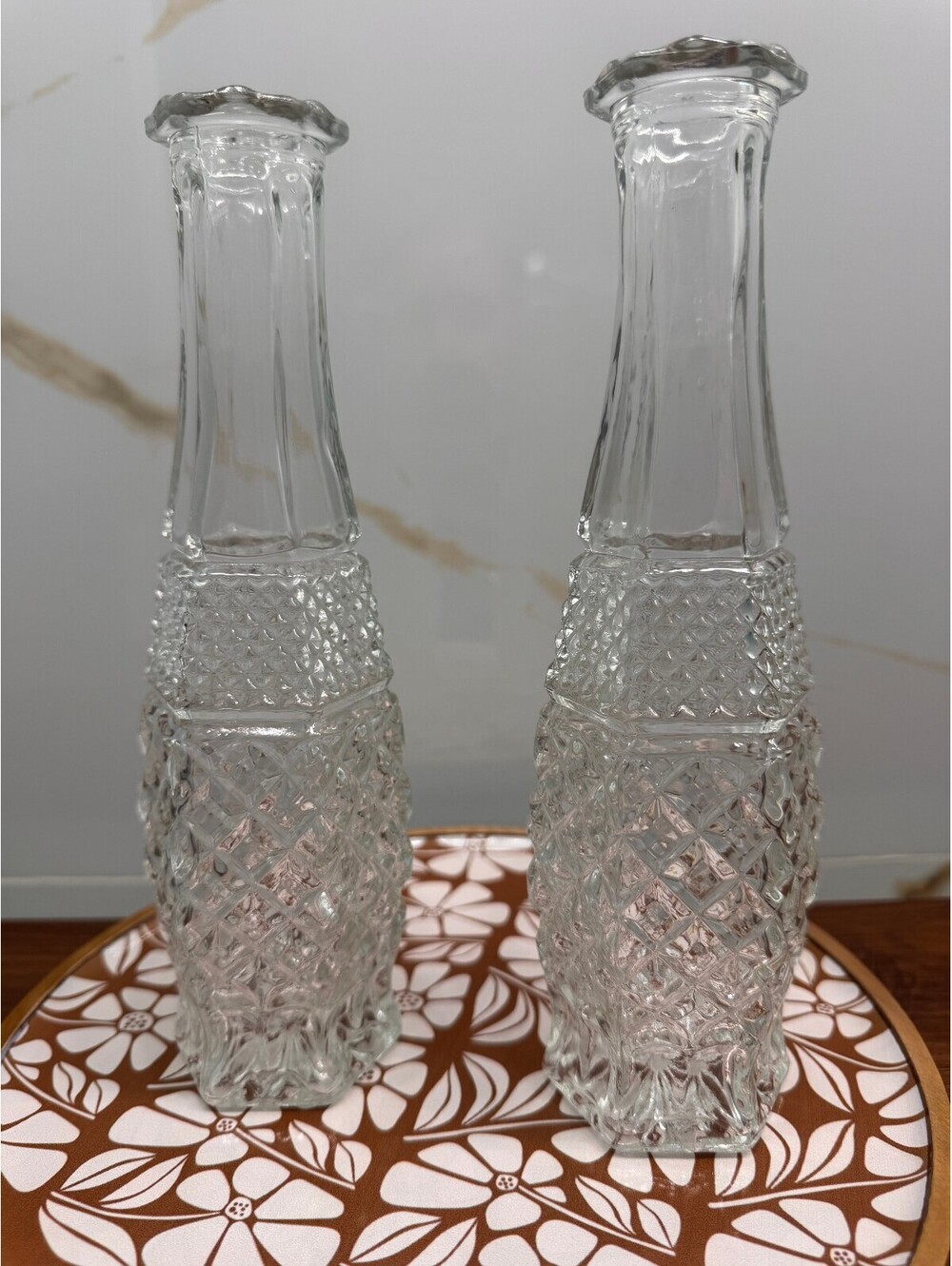 Vintage Anchor Hocking Wexford Clear Glass Bud Vases Pair 9" Criss Cross Diamond